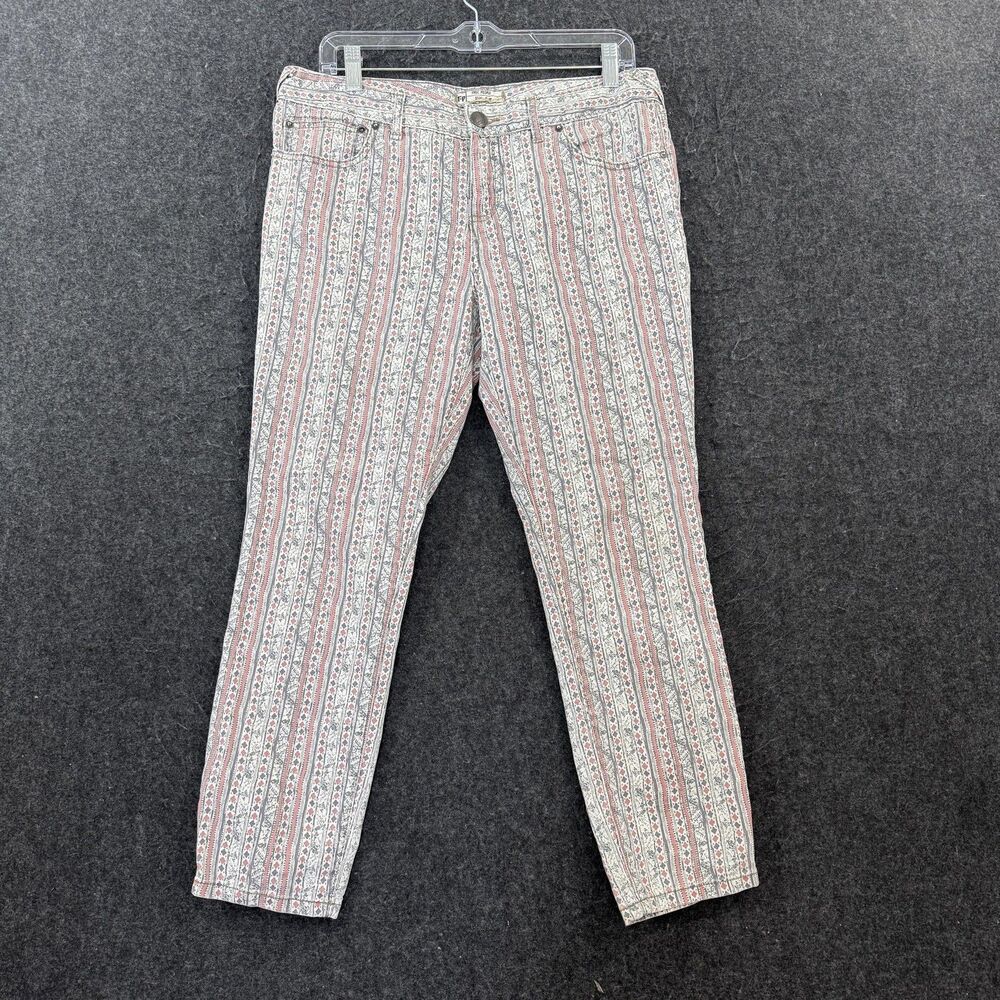 Free People Jeans Womens 31 White Striped Mid Rise Straight Boho Stretch Denim